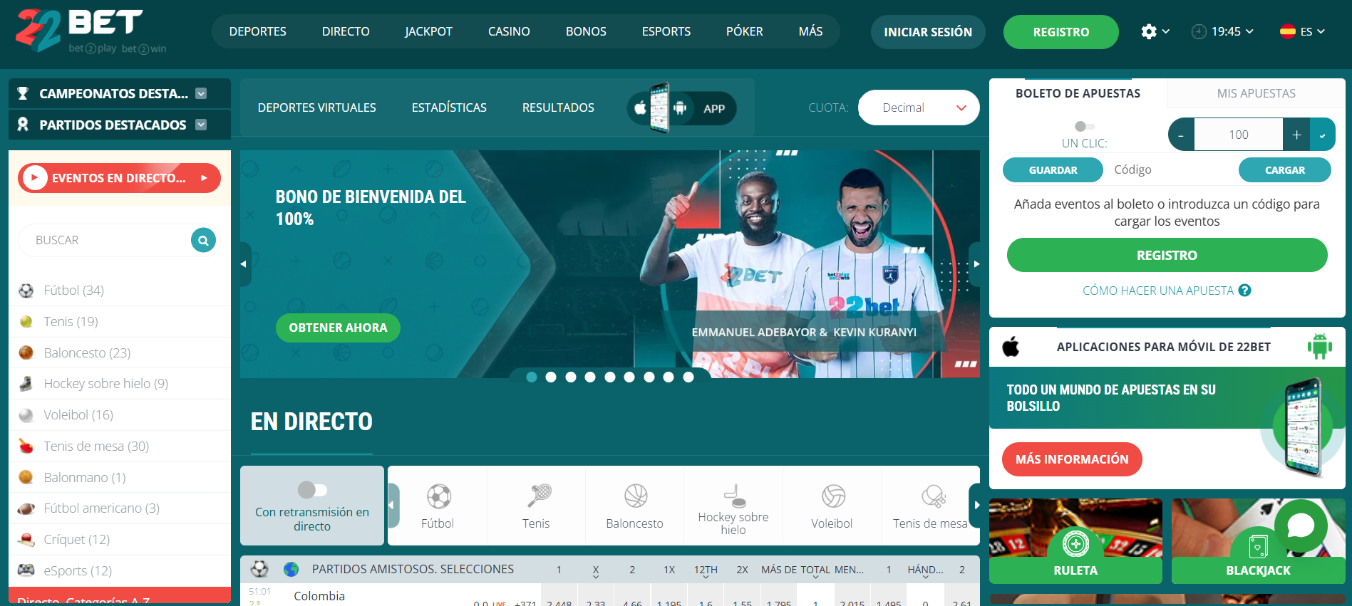 22bet apuesta deportes